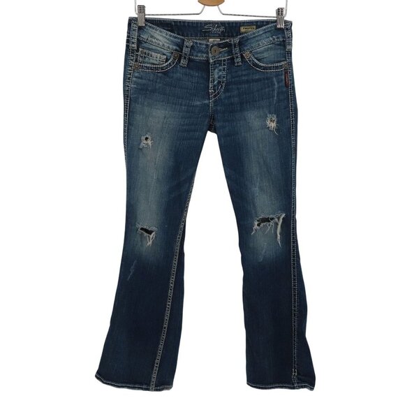 Silver Jeans Women 5 Twisted Bootcut Distressed Denim Solid Blue White Seams - Picture 1 of 15
